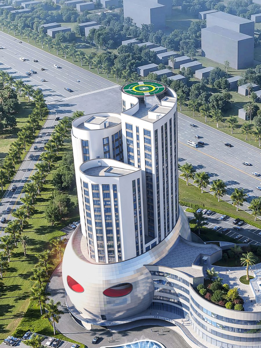 Aerial render of the towers, landscaped grounds and parking
