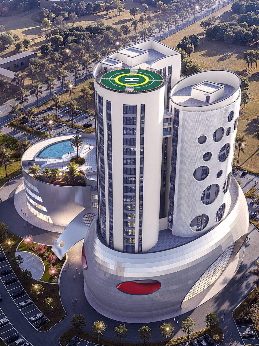 Aerial render of the tower crown with its helipad