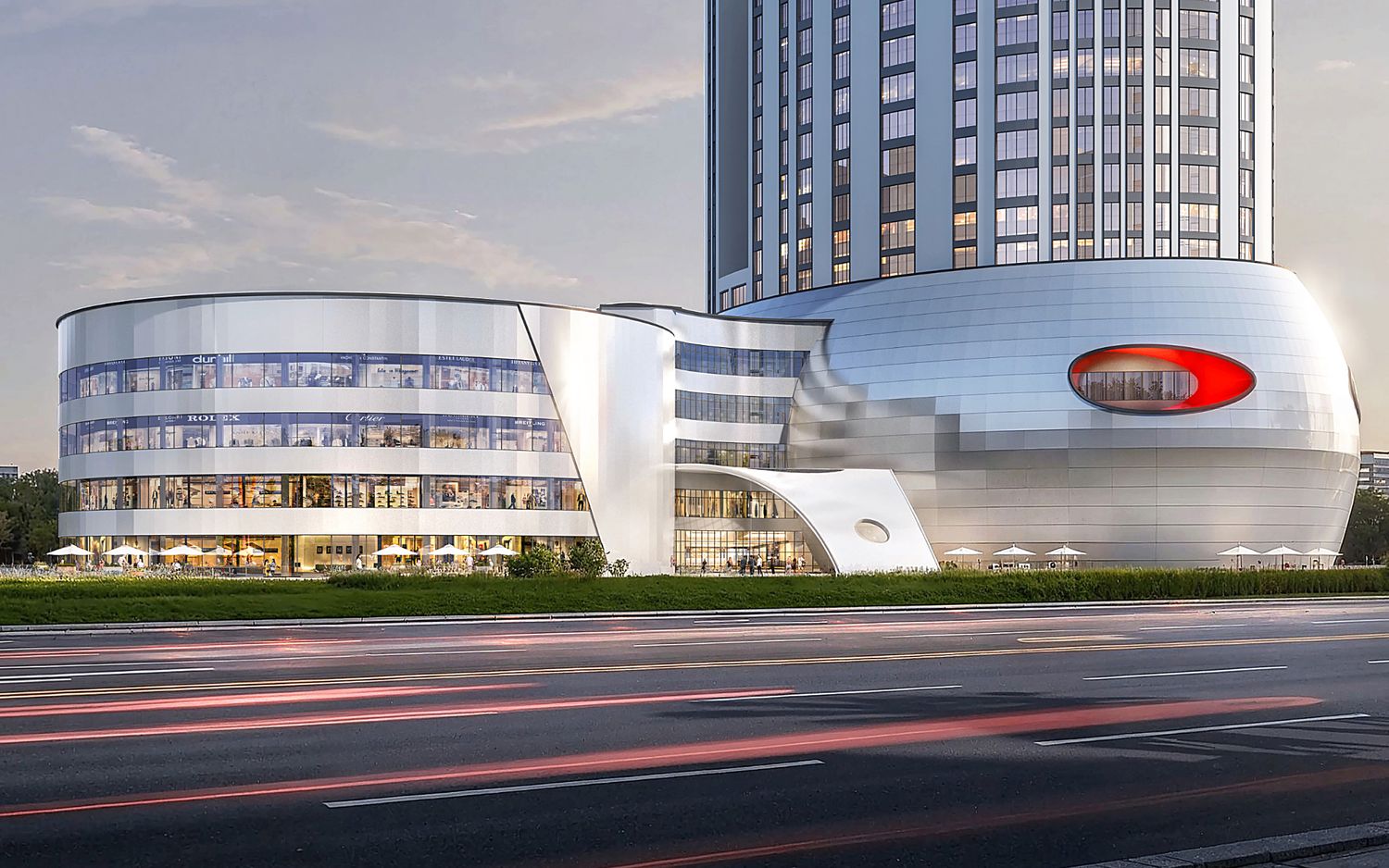 The Tri-Tower retail podium with glazed storefronts on three levels